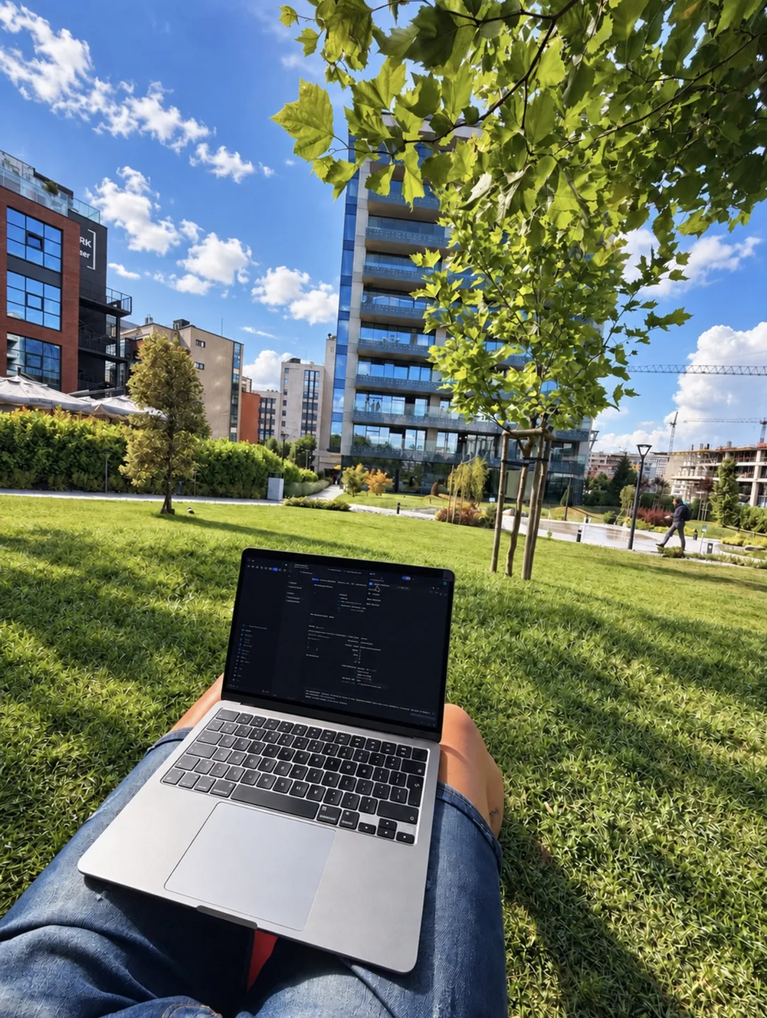 Laptop on the grass in a park on a sunny day